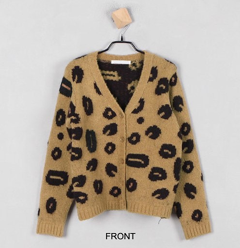 レディース　トップス　ヒョウ柄　Vネック　ニット　カーディガン　レオパード　ショート丈　長袖　カジュアル　フリーサイズ　大人可愛い　フェミニン　デート　お出かけ　デイリー　普段着　ブラウン　送料無料