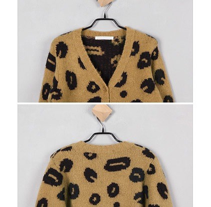 レディース　トップス　ヒョウ柄　Vネック　ニット　カーディガン　レオパード　ショート丈　長袖　カジュアル　フリーサイズ　大人可愛い　フェミニン　デート　お出かけ　デイリー　普段着　ブラウン　送料無料