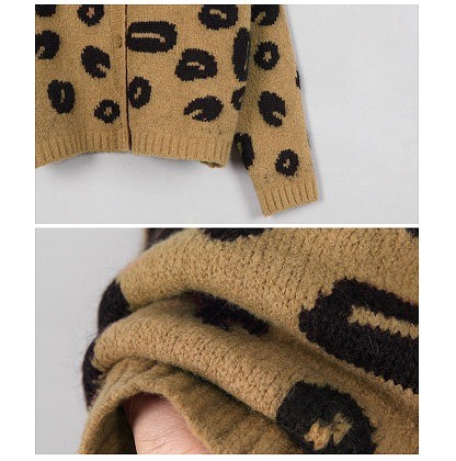 レディース　トップス　ヒョウ柄　Vネック　ニット　カーディガン　レオパード　ショート丈　長袖　カジュアル　フリーサイズ　大人可愛い　フェミニン　デート　お出かけ　デイリー　普段着　ブラウン　送料無料