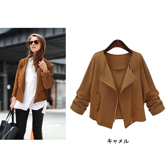 レディース　ファスナー　ジャケット　長袖　ショート丈　おしゃれ　ストリート　カジュアル　大人可愛い　エレガント　デート　デイリー　お出かけ　キャメル　送料無料