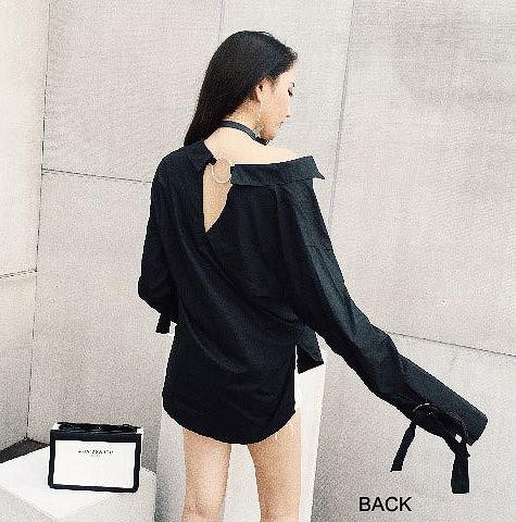 レディース　トップス　シャツ　バックオープン　サイドスリット　無地　長袖　シンプル　カジュアル　大人可愛い　フリーサイズ　フェミニン　デート　お出かけ　デイリー　ブラック　ホワイト　カーキ　ブラウン　送料無料