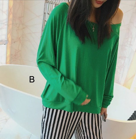 レディース　トップス　オフショルダー　カットソー　Tシャツ　長袖　無地　定番　シンプル　カジュアル　フリーサイズ　大人可愛い　フェミニン　オフィス　デート　お出かけ　デイリー　普段着　ブラック　グリーン　レッド　イエロー　送料無料