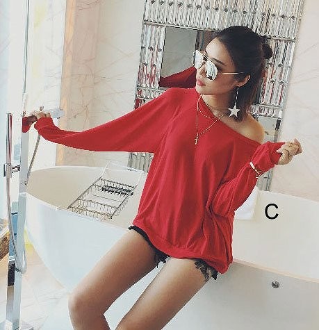 レディース　トップス　オフショルダー　カットソー　Tシャツ　長袖　無地　定番　シンプル　カジュアル　フリーサイズ　大人可愛い　フェミニン　オフィス　デート　お出かけ　デイリー　普段着　ブラック　グリーン　レッド　イエロー　送料無料