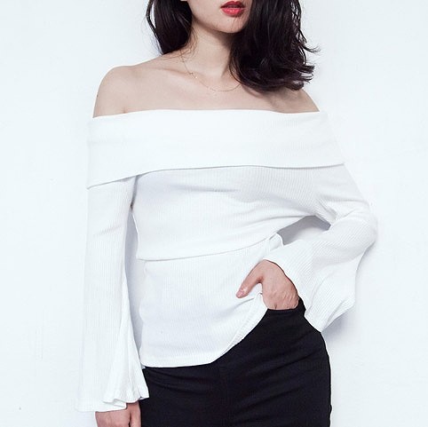 レディース　トップス　オフショルダー　カットソー　ニット　長袖　無地　シンプル　カジュアル　スリム　フリーサイズ　大人可愛い　エレガント　デート　お出かけ　デイリー　グレー　ブラック　ホワイト　送料無料