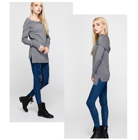 レディース　トップス　タートルネック　カットソー　ニット　フード付き　長袖　無地　シンプル　カジュアル　ゆったり　フリーサイズ　大人可愛い　デート　お出かけ　デイリー　グレー　送料無料