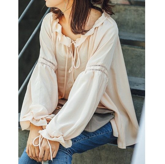 レディース　巾着シフォンシャツ　長袖　ミディアム丈　おしゃれ　ストリート　カジュアル　大人可愛い　エレガント　デート　デイリー　お出かけ　ホワイト　ピンク　送料無料