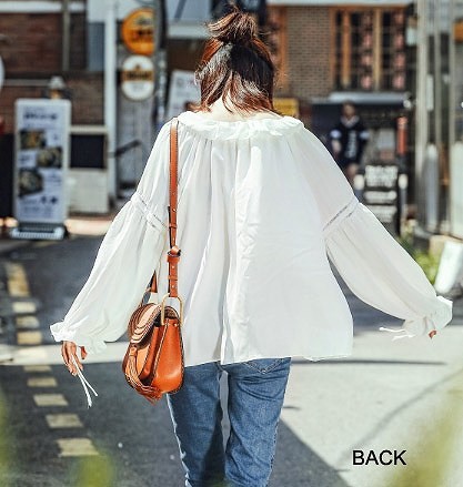 レディース　巾着シフォンシャツ　長袖　ミディアム丈　おしゃれ　ストリート　カジュアル　大人可愛い　エレガント　デート　デイリー　お出かけ　ホワイト　ピンク　送料無料