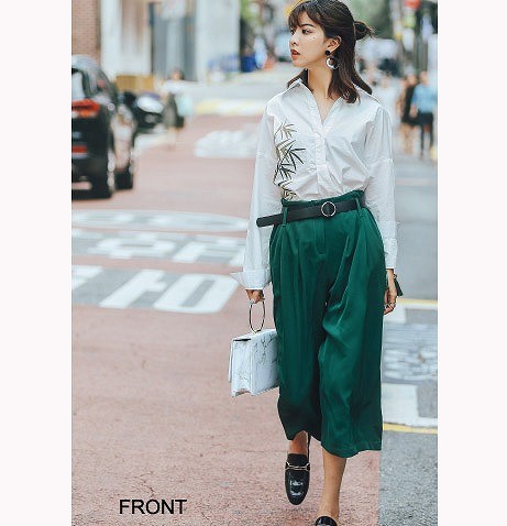 レディース　ワイドパンツ　ガウチョパンツ　七分丈　おしゃれ　ストリート　カジュアル　大人可愛い　エレガント　デート　デイリー　お出かけ　グリーン　送料無料