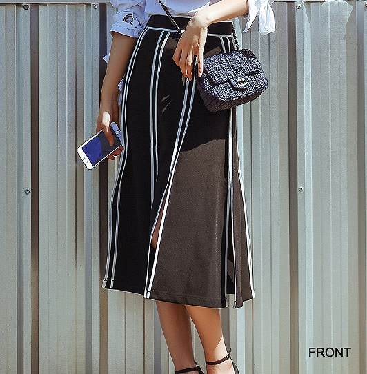 レディース　スリットスカート　ストライプ　ハイウエスト　七分丈　おしゃれ　ストリート　カジュアル　大人可愛い　エレガント　デート　デイリー　お出かけ　ブラック　送料無料