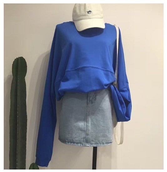 レディース　ファッション　トップス　長袖　セーター　シンプル　大人カジュアル　ラウンドネック　英字プリント　ワイキキ　ハワイ　お出かけ　買い物　外出　ブルー　送料無料