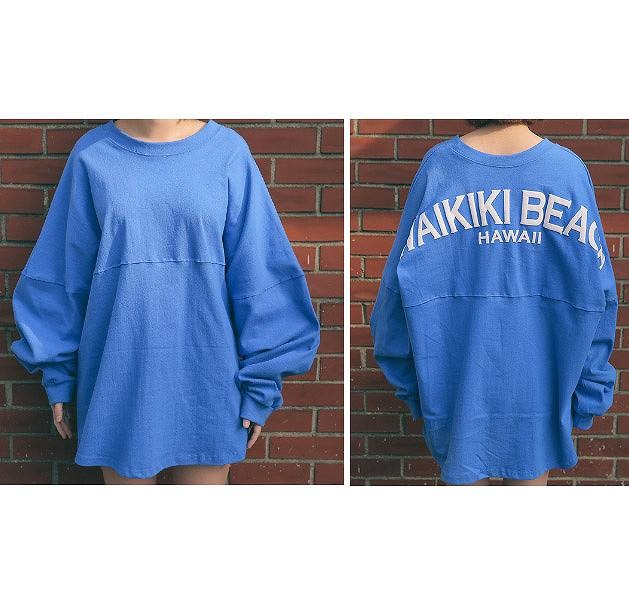 レディース　ファッション　トップス　長袖　セーター　シンプル　大人カジュアル　ラウンドネック　英字プリント　ワイキキ　ハワイ　お出かけ　買い物　外出　ブルー　送料無料