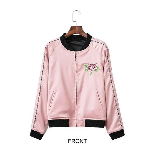 レディース　ファッション　アウター　スカジャン　刺しゅう入り　薔薇　長袖　ジャケット　かわいい　キュート　大人カジュアル　外出　旅行　デート　お出かけ　ピンク　送料無料