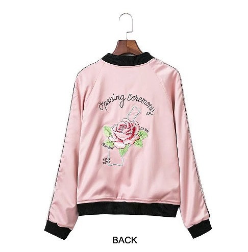 レディース　ファッション　アウター　スカジャン　刺しゅう入り　薔薇　長袖　ジャケット　かわいい　キュート　大人カジュアル　外出　旅行　デート　お出かけ　ピンク　送料無料