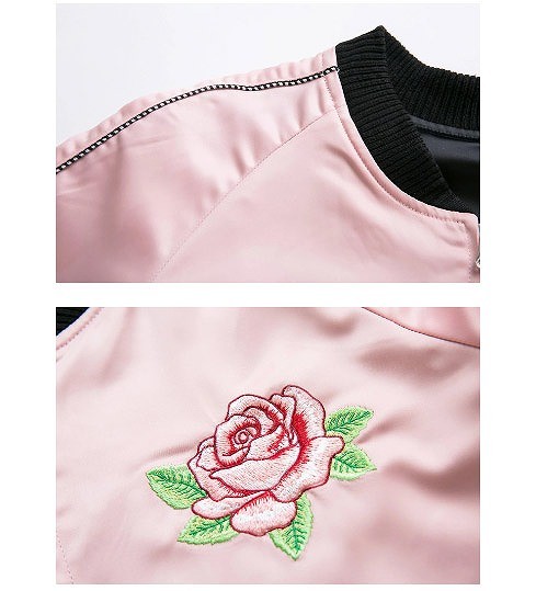 レディース　ファッション　アウター　スカジャン　刺しゅう入り　薔薇　長袖　ジャケット　かわいい　キュート　大人カジュアル　外出　旅行　デート　お出かけ　ピンク　送料無料