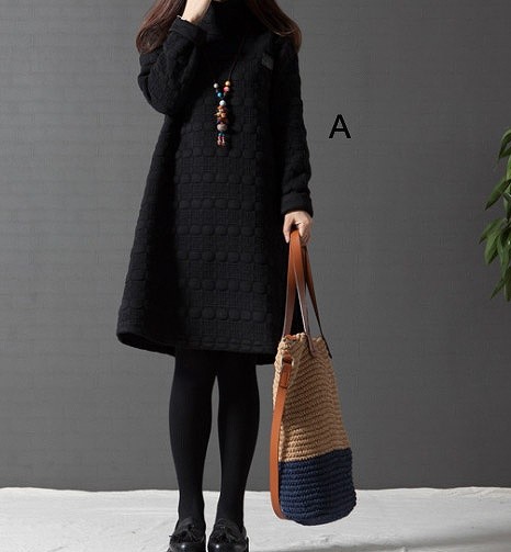 レディース　デコボコ素材　ワンピース　Aライン　ジャガード　ミモレ丈　無地　長袖　ハイネック　大人可愛い　ゆったり　ラフスタイル　大きいサイズ　シンプル　リゾート　デイリー　お出かけ　デート　ブラック　ワイン　グレー　送料無料