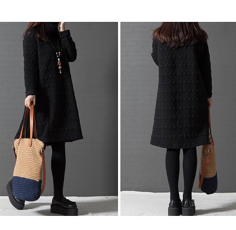 レディース　デコボコ素材　ワンピース　Aライン　ジャガード　ミモレ丈　無地　長袖　ハイネック　大人可愛い　ゆったり　ラフスタイル　大きいサイズ　シンプル　リゾート　デイリー　お出かけ　デート　ブラック　ワイン　グレー　送料無料