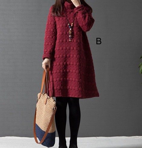 レディース　デコボコ素材　ワンピース　Aライン　ジャガード　ミモレ丈　無地　長袖　ハイネック　大人可愛い　ゆったり　ラフスタイル　大きいサイズ　シンプル　リゾート　デイリー　お出かけ　デート　ブラック　ワイン　グレー　送料無料