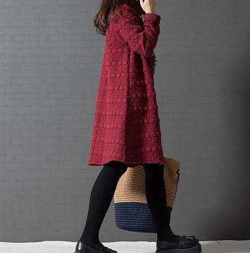 レディース　デコボコ素材　ワンピース　Aライン　ジャガード　ミモレ丈　無地　長袖　ハイネック　大人可愛い　ゆったり　ラフスタイル　大きいサイズ　シンプル　リゾート　デイリー　お出かけ　デート　ブラック　ワイン　グレー　送料無料