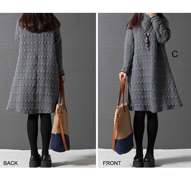 レディース　デコボコ素材　ワンピース　Aライン　ジャガード　ミモレ丈　無地　長袖　ハイネック　大人可愛い　ゆったり　ラフスタイル　大きいサイズ　シンプル　リゾート　デイリー　お出かけ　デート　ブラック　ワイン　グレー　送料無料