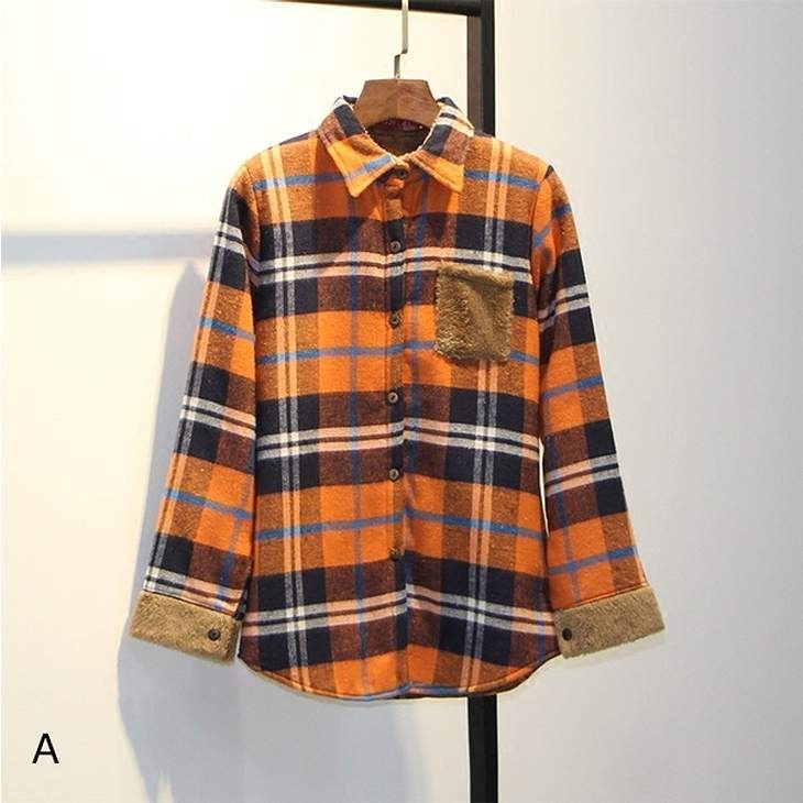 レディース　トップス　チェック　ネルシャツ　裏ボア　長袖　定番　暖かい　シンプル　カジュアル　秋冬　フリーサイズ　大人可愛い　デート　お出かけ　デイリー　普段着　オレンジ　ホワイト　送料無料