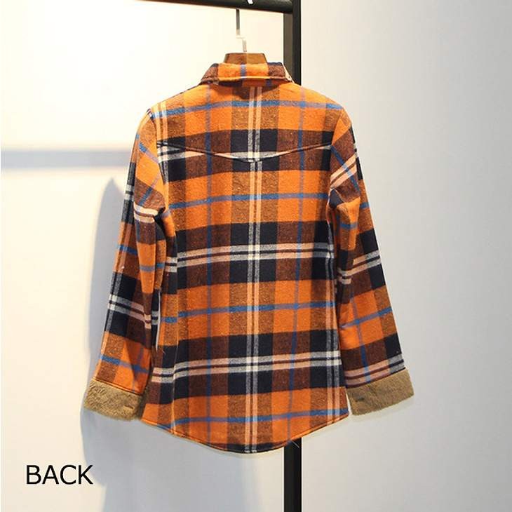 レディース　トップス　チェック　ネルシャツ　裏ボア　長袖　定番　暖かい　シンプル　カジュアル　秋冬　フリーサイズ　大人可愛い　デート　お出かけ　デイリー　普段着　オレンジ　ホワイト　送料無料