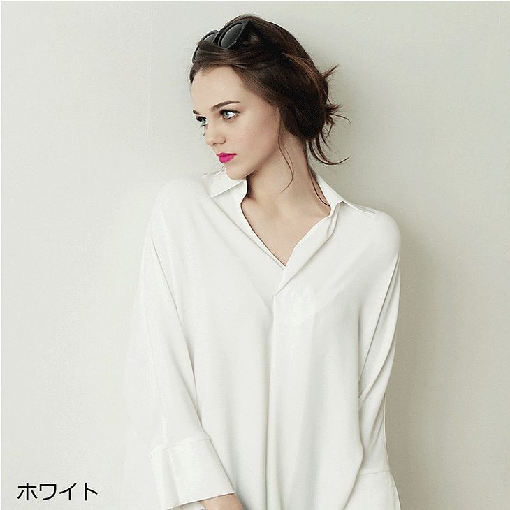 レディース　トップス　ドルマン　スキッパー　ロング　シャツ　Vネック　長袖　シンプル　無地　ゆったり　コットン　カジュアル　大きいサイズ　大人可愛い　オフィス　ビジネス　仕事　デート　お出かけ　デイリー　普段着　ホワイト　送料無料