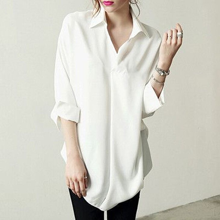 レディース　トップス　ドルマン　スキッパー　ロング　シャツ　Vネック　長袖　シンプル　無地　ゆったり　コットン　カジュアル　大きいサイズ　大人可愛い　オフィス　ビジネス　仕事　デート　お出かけ　デイリー　普段着　ホワイト　送料無料