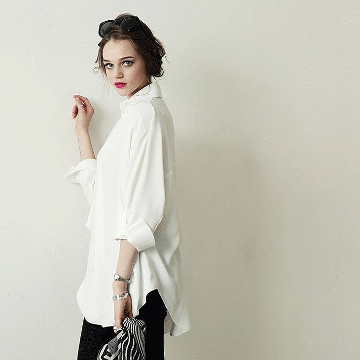 レディース　トップス　ドルマン　スキッパー　ロング　シャツ　Vネック　長袖　シンプル　無地　ゆったり　コットン　カジュアル　大きいサイズ　大人可愛い　オフィス　ビジネス　仕事　デート　お出かけ　デイリー　普段着　ホワイト　送料無料