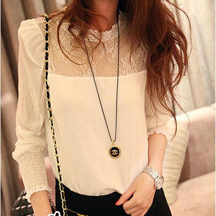 レディース　トップス　シフォン　カットソー　ラウンドネック　レース　長袖　シンプル　無地　ゆったり　コットン　カジュアル　フリーサイズ　大人可愛い　オフィス　ビジネス　仕事　デート　お出かけ　デイリー　普段着　ホワイト　ブラック　送料無料