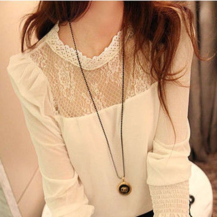 レディース　トップス　シフォン　カットソー　ラウンドネック　レース　長袖　シンプル　無地　ゆったり　コットン　カジュアル　フリーサイズ　大人可愛い　オフィス　ビジネス　仕事　デート　お出かけ　デイリー　普段着　ホワイト　ブラック　送料無料