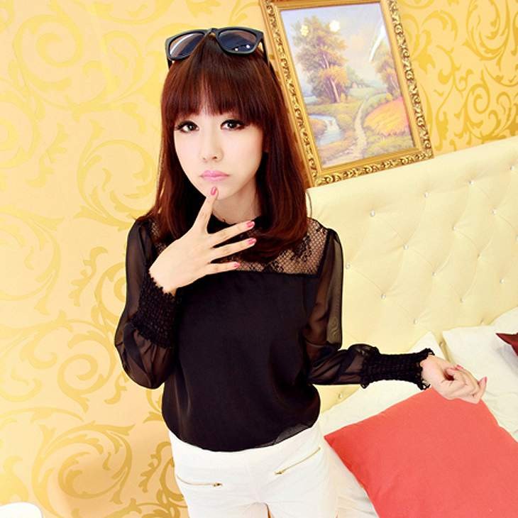 レディース　トップス　シフォン　カットソー　ラウンドネック　レース　長袖　シンプル　無地　ゆったり　コットン　カジュアル　フリーサイズ　大人可愛い　オフィス　ビジネス　仕事　デート　お出かけ　デイリー　普段着　ホワイト　ブラック　送料無料