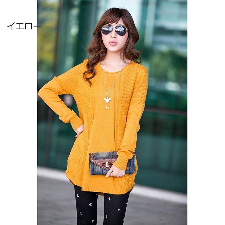 レディース　トップス　チュニック　ワンピース　ラウンドネック　ニット　長袖　無地　シンプル　ゆったり　カジュアル　フリーサイズ　大人可愛い　デート　お出かけ　デイリー　普段着　ブラック　イエロー　ピンク　ホワイト　ネイビー　送料無料