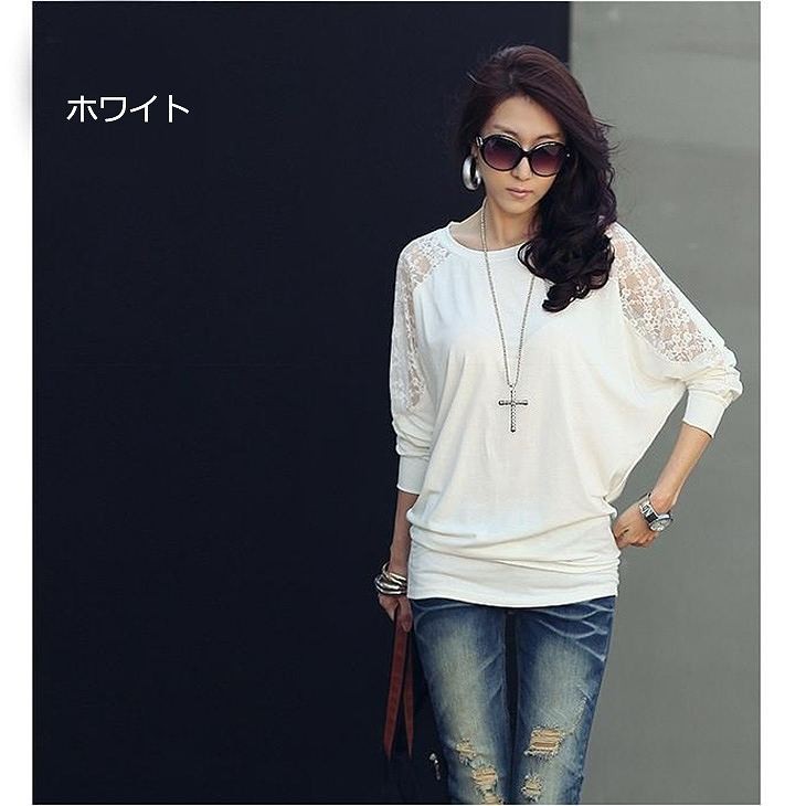 レディース　トップス　ドルマン　チュニック　カットソー　レース　ラウンドネック　長袖　シンプル　無地　ゆったり　カジュアル　大きいサイズ　大人可愛い　デート　お出かけ　デイリー　普段着　ホワイト　ブラック　送料無料