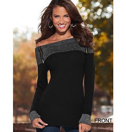 レディース　トップス　オフショルダー　ジップ　カットソー　長袖　セクシー　無地　タイト　シンプル　カジュアル　大きいサイズ　大人可愛い　フェミニン　デート　お出かけ　デイリー　普段着　ブラック　送料無料