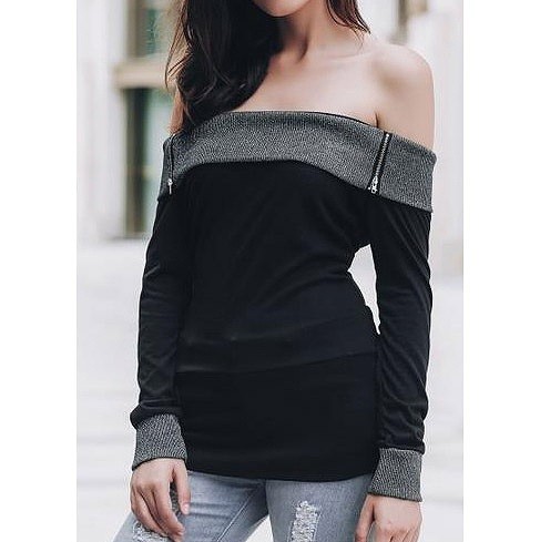 レディース　トップス　オフショルダー　ジップ　カットソー　長袖　セクシー　無地　タイト　シンプル　カジュアル　大きいサイズ　大人可愛い　フェミニン　デート　お出かけ　デイリー　普段着　ブラック　送料無料