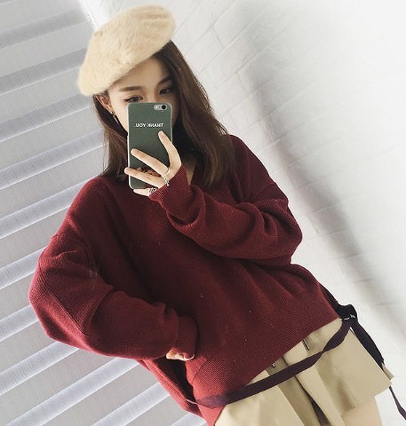 レディース　トップス　ニット　ショート　セーター　Vネック　長袖　無地　シンプル　カジュアル　ゆったり　大人可愛い　フェミニン　オフィス　仕事　デート　お出かけ　デイリー　普段着　カーキ　レッド　送料無料