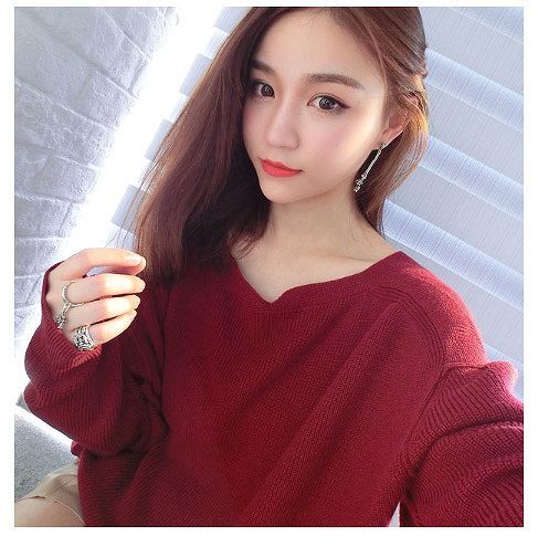 レディース　トップス　ニット　ショート　セーター　Vネック　長袖　無地　シンプル　カジュアル　ゆったり　大人可愛い　フェミニン　オフィス　仕事　デート　お出かけ　デイリー　普段着　カーキ　レッド　送料無料