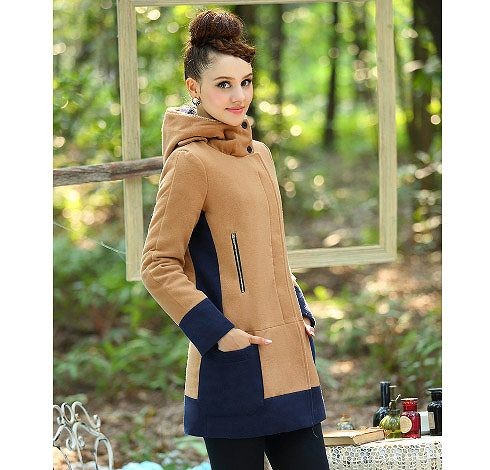 レディース　アウター　セミロング　バイカラー　コート　ウール　フード付き　ボア　ジップ　長袖　シンプル　大きいサイズ　防寒　無地　カジュアル　大人可愛い　デート　お出かけ　デイリー　普段着　ブラウン　送料無料