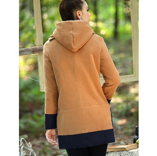 レディース　アウター　セミロング　バイカラー　コート　ウール　フード付き　ボア　ジップ　長袖　シンプル　大きいサイズ　防寒　無地　カジュアル　大人可愛い　デート　お出かけ　デイリー　普段着　ブラウン　送料無料