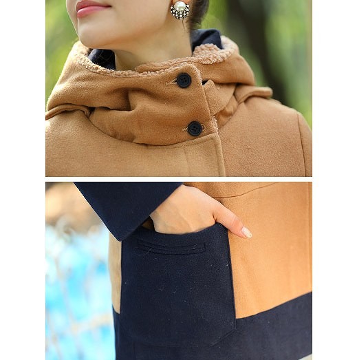 レディース　アウター　セミロング　バイカラー　コート　ウール　フード付き　ボア　ジップ　長袖　シンプル　大きいサイズ　防寒　無地　カジュアル　大人可愛い　デート　お出かけ　デイリー　普段着　ブラウン　送料無料