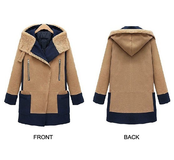 レディース　アウター　セミロング　バイカラー　コート　ウール　フード付き　ボア　ジップ　長袖　シンプル　大きいサイズ　防寒　無地　カジュアル　大人可愛い　デート　お出かけ　デイリー　普段着　ブラウン　送料無料