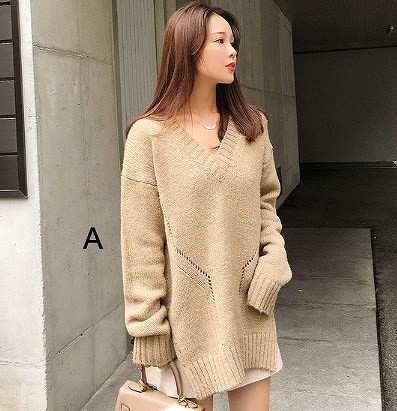 レディース　トップス　ニット　ロング　セーター　Vネック　長袖　サイドスリット　無地　シンプル　カジュアル　ゆったり　フリーサイズ　大人可愛い　フェミニン　オフィス　仕事　デート　お出かけ　デイリー　普段着　ベージュ　カーキ　ホワイト　送料無料