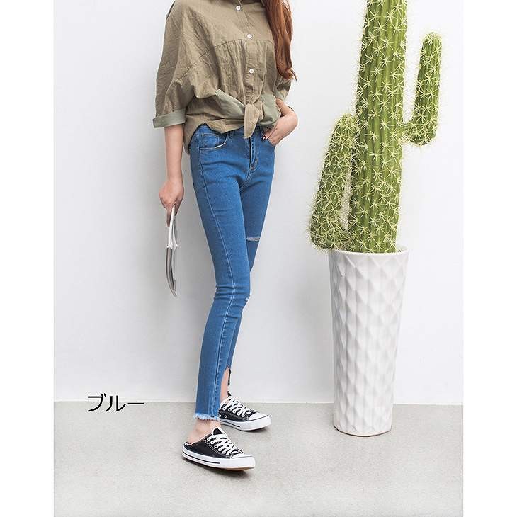 レディース　ボトムス　デニムパンツ　ジーンズ　フレイドヘム　スキニー　クラッシュ　切りっぱなし　無地　カジュアル　シンプル　美脚　リゾート　普段着　デイリー　お出かけ　デート　ブルー　送料無料
