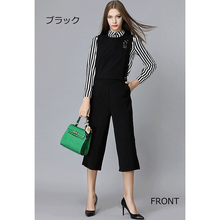 レディース　ツーピース　トップス&サロペット　無地　ワイドパンツ　ストライプ　カットソー　カジュアル　大人可愛い　大きいサイズ　シンプル　リゾート　普段着　デイリー　お出かけ　デート　ブラック　送料無料
