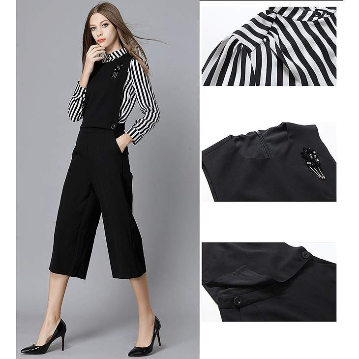 レディース　ツーピース　トップス&サロペット　無地　ワイドパンツ　ストライプ　カットソー　カジュアル　大人可愛い　大きいサイズ　シンプル　リゾート　普段着　デイリー　お出かけ　デート　ブラック　送料無料