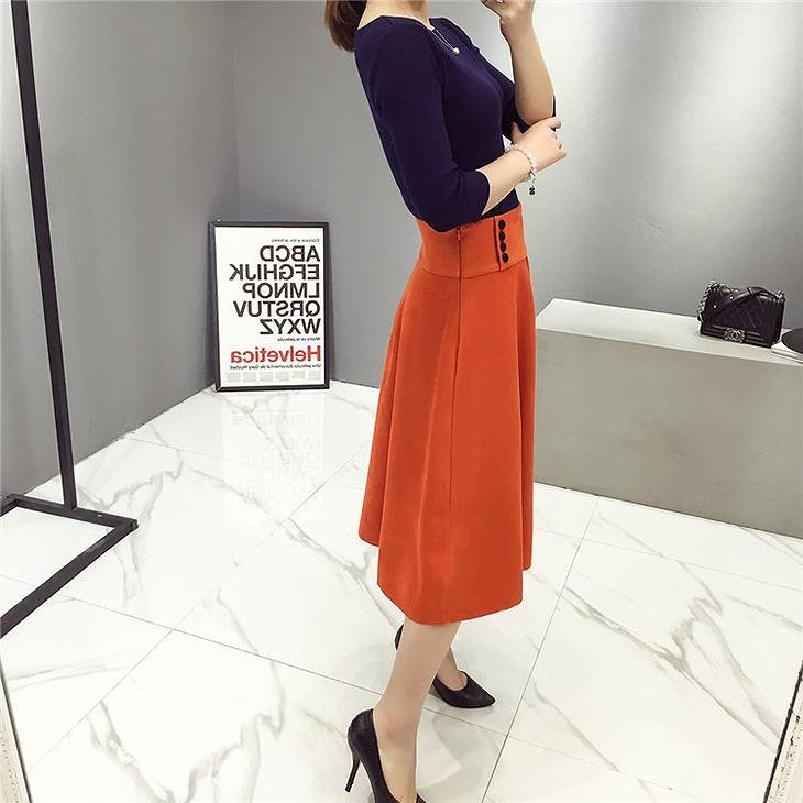 レディース　セットアップ　トップス&スカート　ベロア　ミモレ丈　無地　カットソー　秋冬　フレア　エレガント　カジュアル　大人可愛い　大きいサイズ　シンプル　リゾート　普段着　デイリー　お出かけ　デート　パープル　オレンジ　送料無料