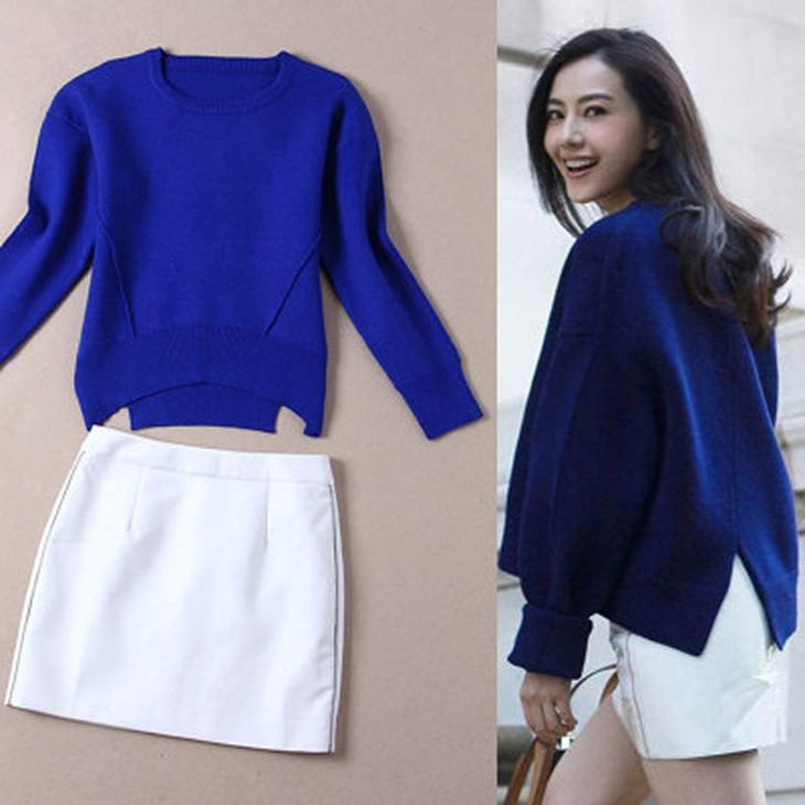 レディース　セットアップ　トップス&スカート　ニット　セーター　ラウンドネック　膝下丈　ミニスカート　無地　清楚　カジュアル　大人可愛い　シンプル　リゾート　普段着　デイリー　お出かけ　デート　ブルー　ホワイト　送料無料