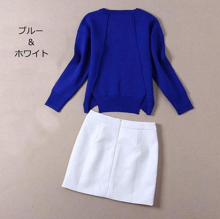 レディース　セットアップ　トップス&スカート　ニット　セーター　ラウンドネック　膝下丈　ミニスカート　無地　清楚　カジュアル　大人可愛い　シンプル　リゾート　普段着　デイリー　お出かけ　デート　ブルー　ホワイト　送料無料