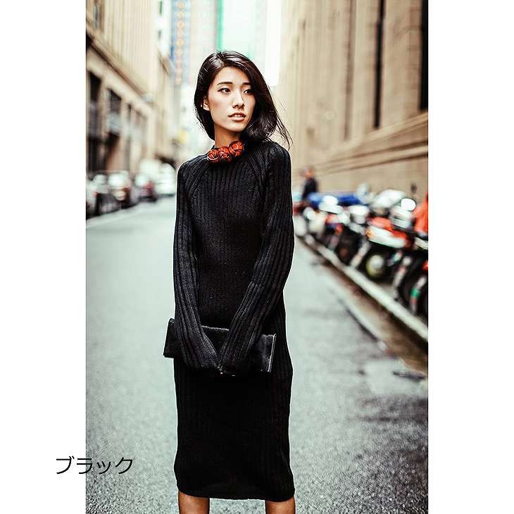 レディース　ニット　ワンピース　ミモレ丈　長袖　クルーネック　無地　タイト　秋冬　カジュアル　大人可愛い　シンプル　リゾート　デイリー　お出かけ　デート　ブラック　ホワイト　送料無料