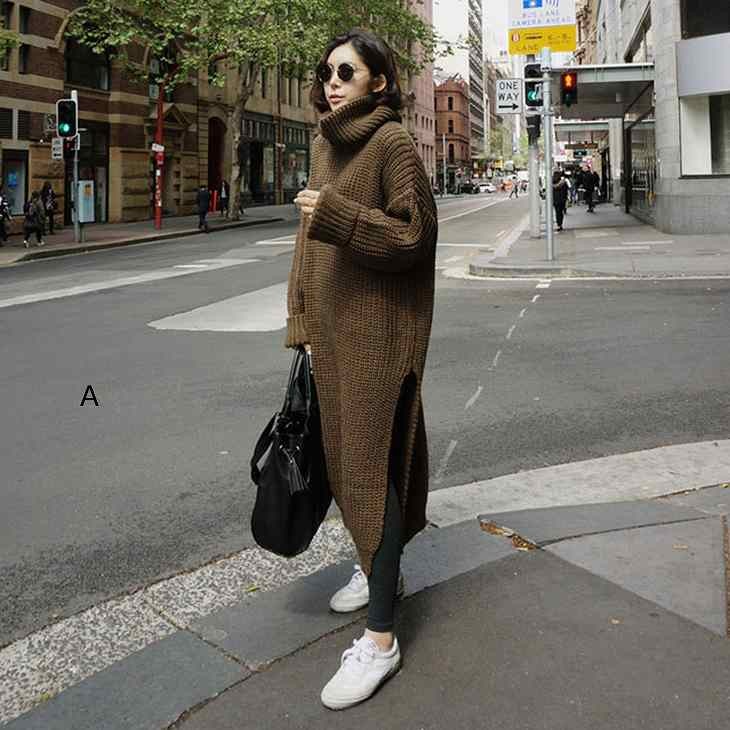 レディース　オフタートルネック　ニット　ワンピース　ロング　サイドスリット　長袖　無地　ゆったり　秋冬　カジュアル　大人可愛い　フリーサイズ　シンプル　リゾート　デイリー　お出かけ　デート　ブラウン　送料無料